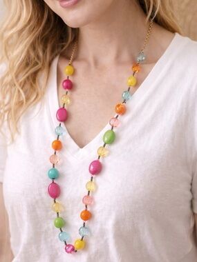 Y2K Colorful Beaded Long Necklace - Candy Pop~Pink, Green, Yellow, Orange, Blue